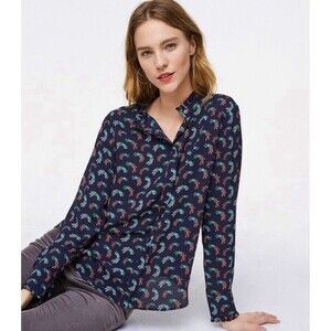 LOFT Blouse Women’s XL Navy Peacock Print Ruffle Neck Long Sleeve Bird Top